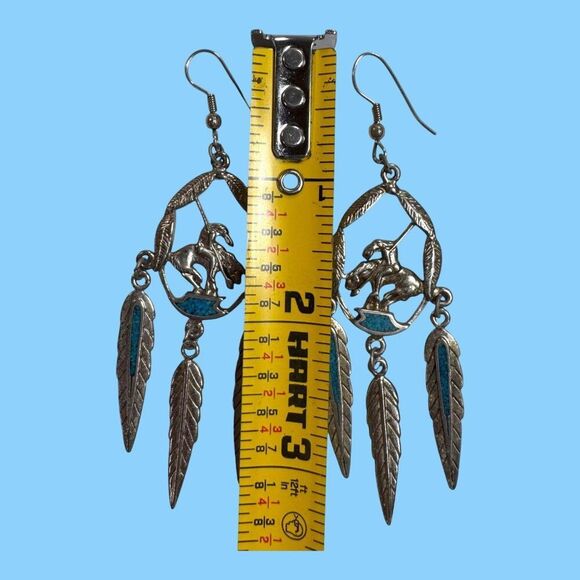 Signed Walldeck Jewelry Silver Tone Turquoise End Of The Trail Pierced Earrings - Picture 4 of 9